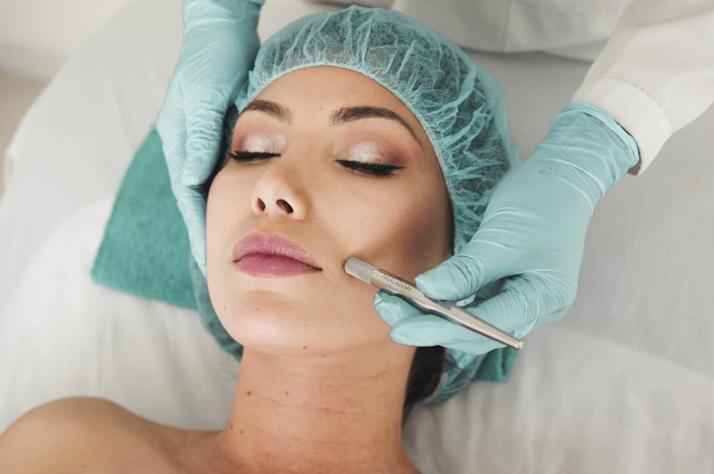 Client receiving a facial treatment at a clinic