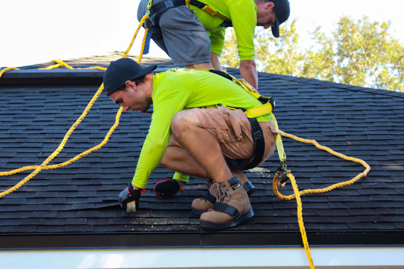 Roofers at work on a house roof